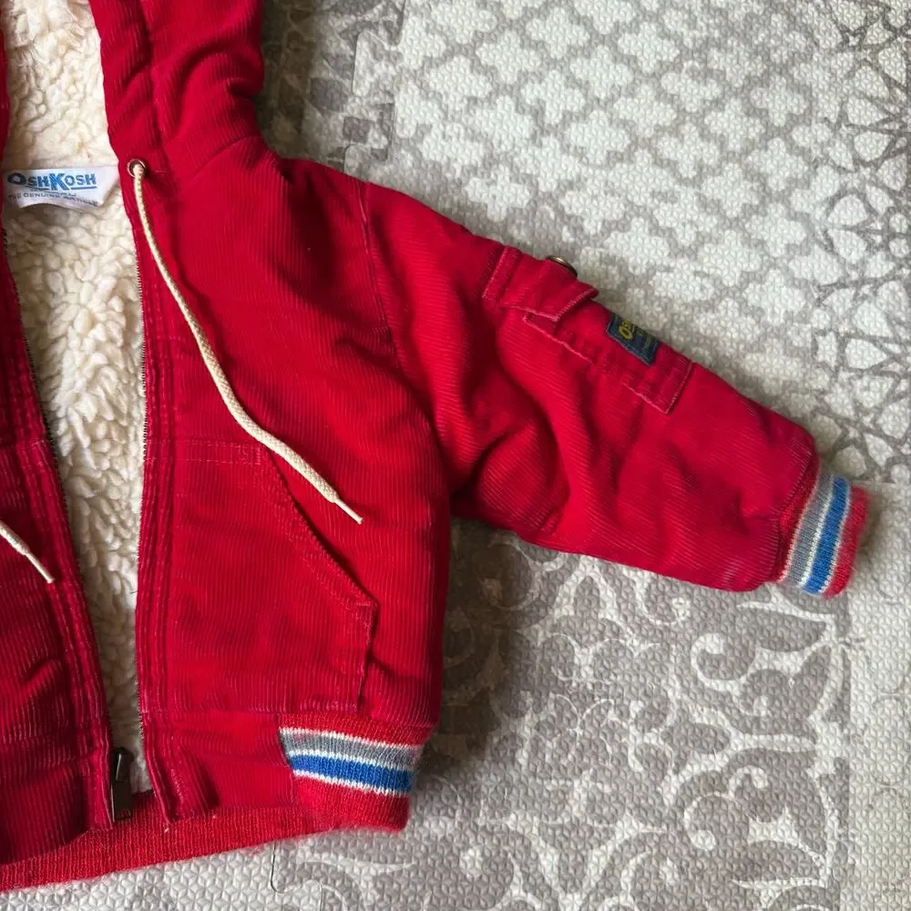 Vintage Oshkosh B Gosh Retro Red Corduroy Sherpa Lined Jacket‎ Hooded Unisex 6-9